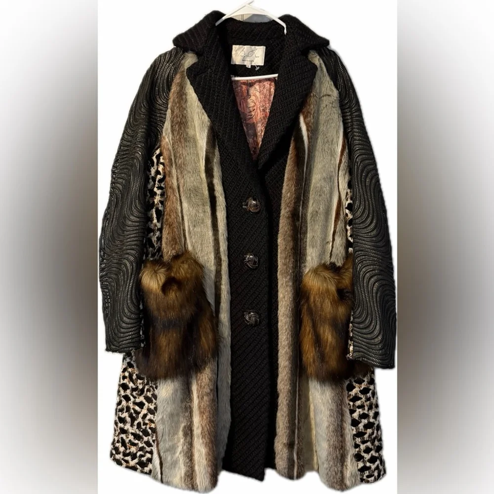 Byron Lars Beauty Mark Faux Fur Patchwork Coat – Leopard & Textured Panels Sz 6